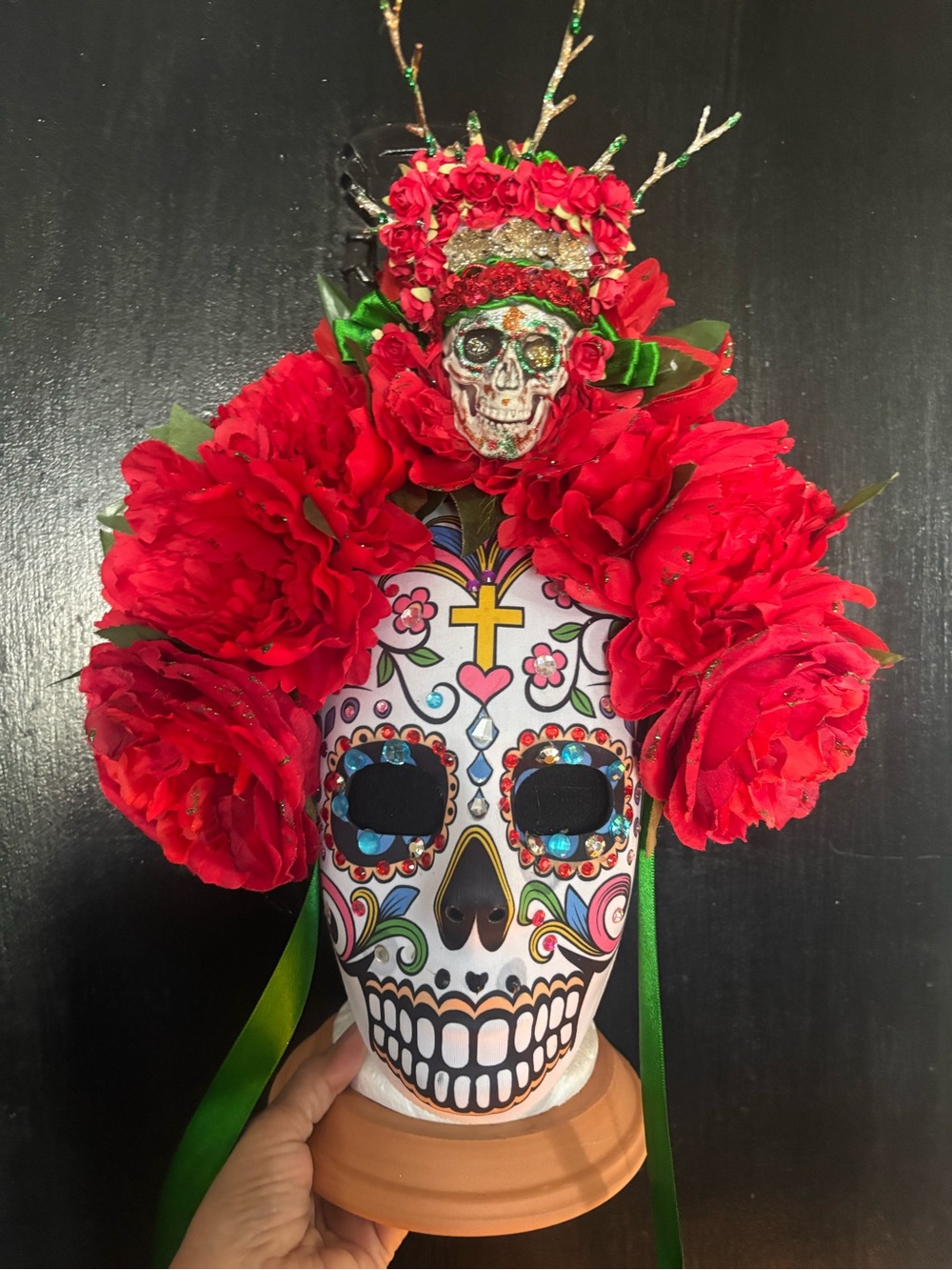 Red Floral Day of the Dead Sugar Skull Headpiece